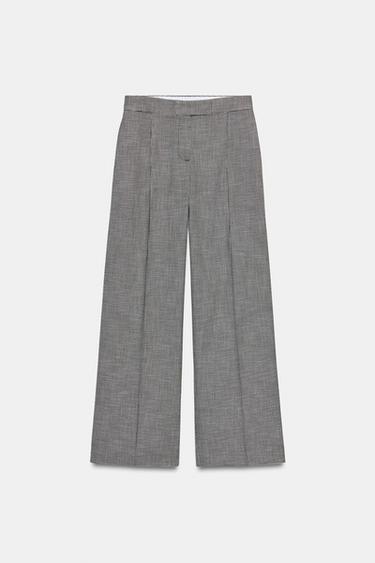 Zara HOUNDSTOOTH WIDE LEG PANTS - Black / Ecru