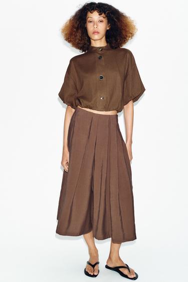 CAMISA GLOBO CON LINO - Marrón / Topo de Zara - Imagen 0