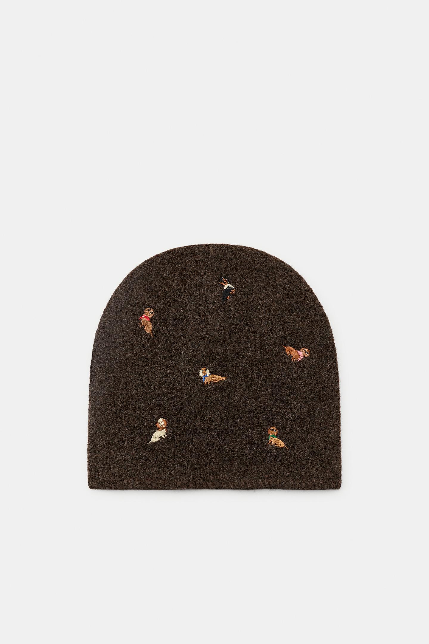 Женская шапка Zara Embroidered Knit Beanie, цвет: Коричневый — фото 5