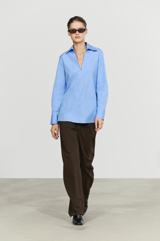 Zara Cotton poplin blouse with V-neck - Indigo - Image 0