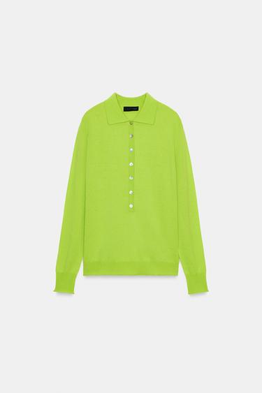 Zara FINE KNIT WOOL POLO SHIRT - Lime green