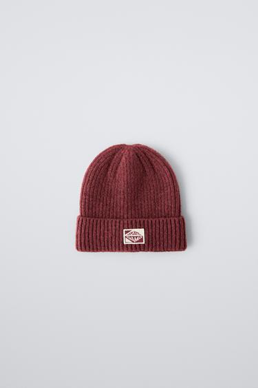 Zara LABEL DETAIL RIBBED HAT - Burgundy - Image 0