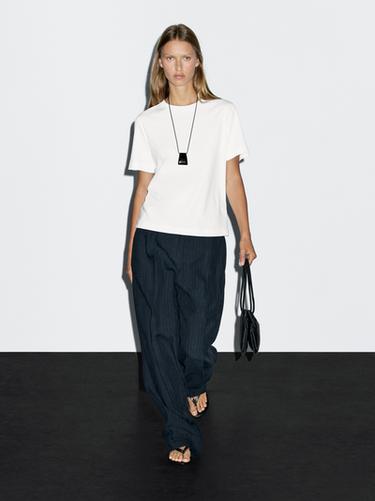 Zara 100% cotton interlock crew neck T-shirt - Oyster-white