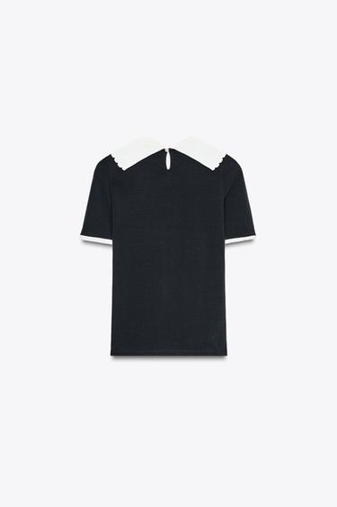 CHUNKY KNIT COLLAR T-SHIRT WITH BOW - Black by Zara - Image 1
