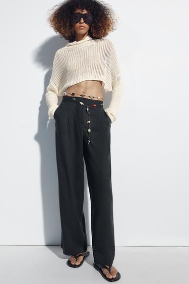 Zara LINEN STRAIGHT-LEG TROUSERS WITH LACE TRIM - Anthracite grey
