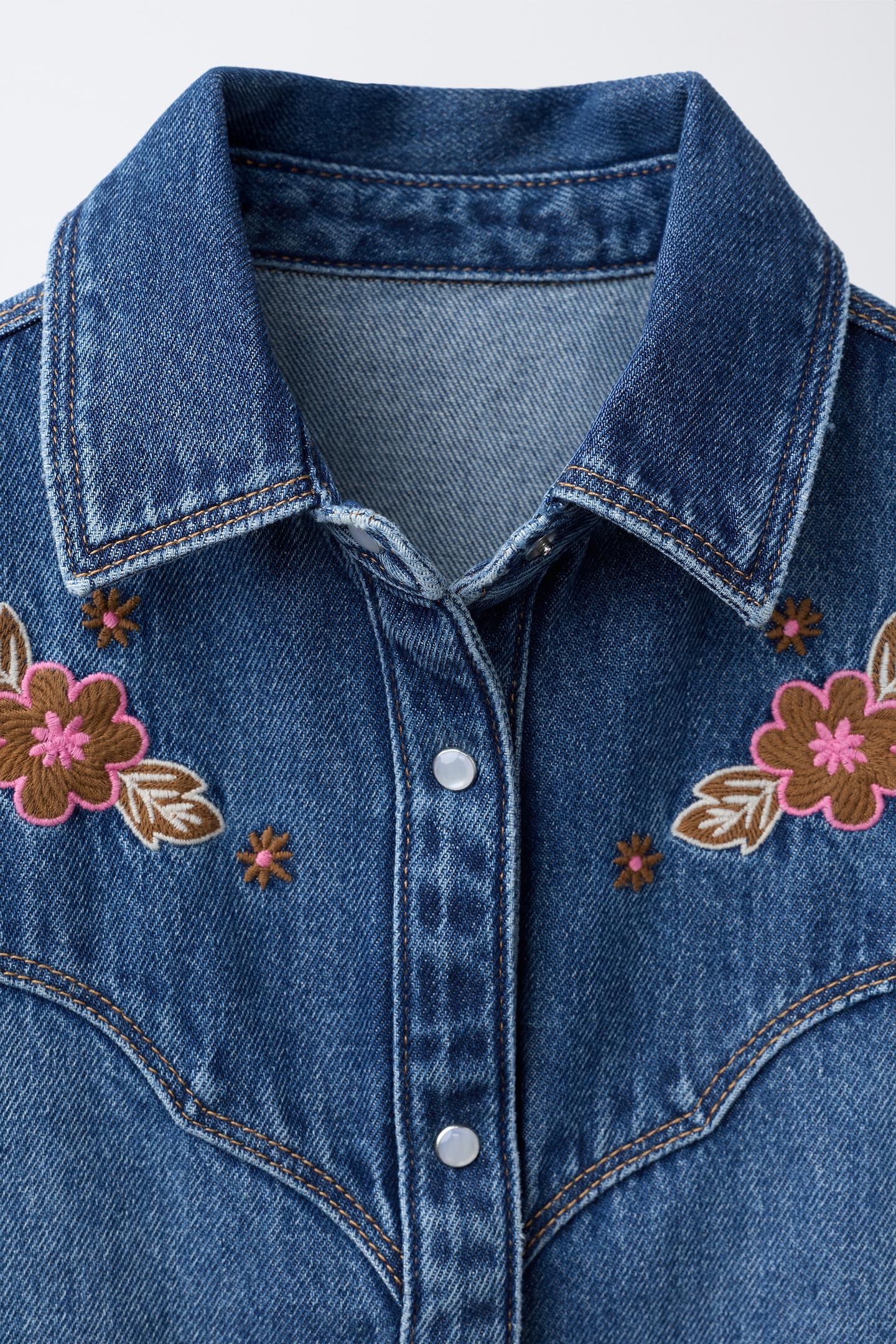 Детская рубашка Zara Embroidered Floral Denim, цвет: Синий — фото 3