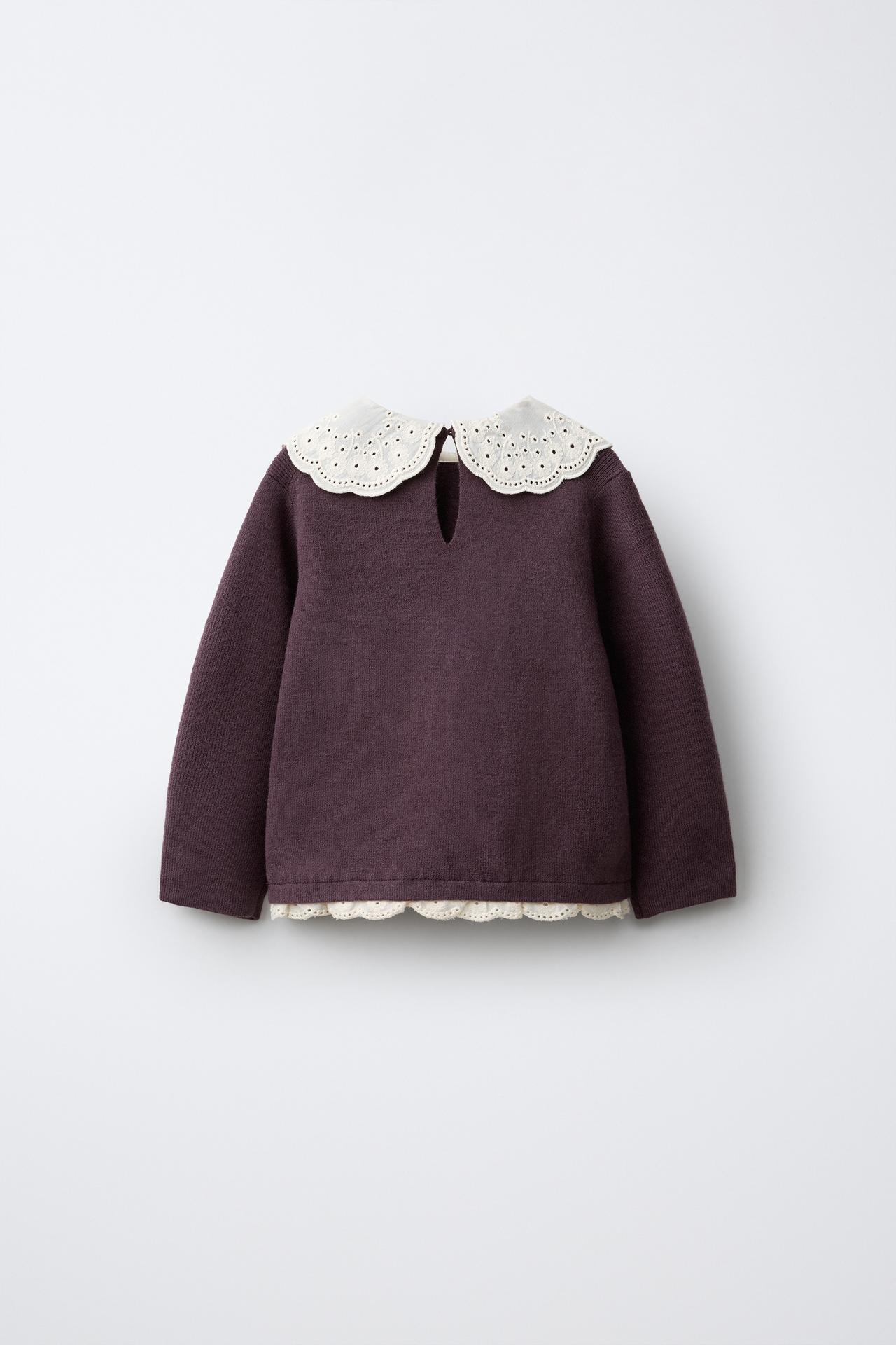 EMBROIDERED COLLAR KNIT SWEATER — Burgundy