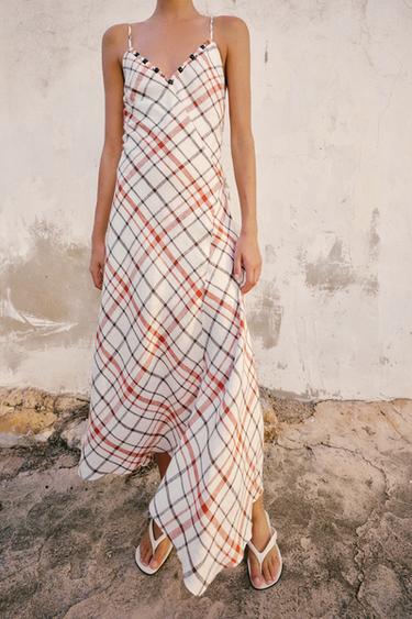 CHECK LINEN BLEND MIDI DRESS - Multicoloured by Zara