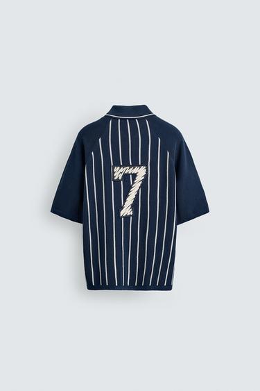 POLO EN MAILLE RAYÉ AVEC BRODERIE ET PIÈCE - Bleu encre de Zara - Image 9