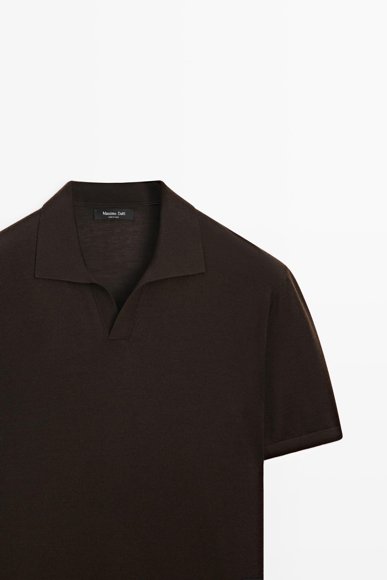 Short sleeve wool blend knit polo shirt — Brown