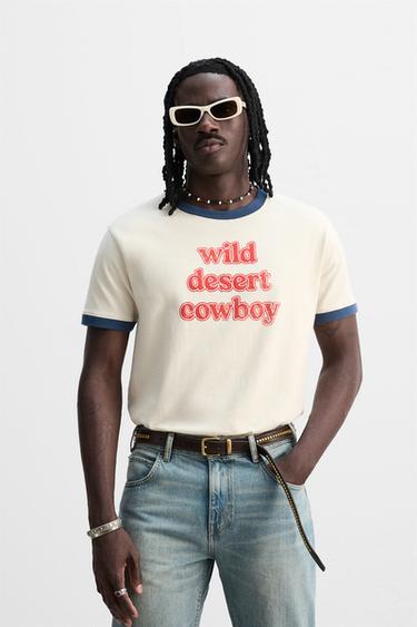 SLOGAN T-SHIRT WITH CONTRAST RIB - Ecru by Zara