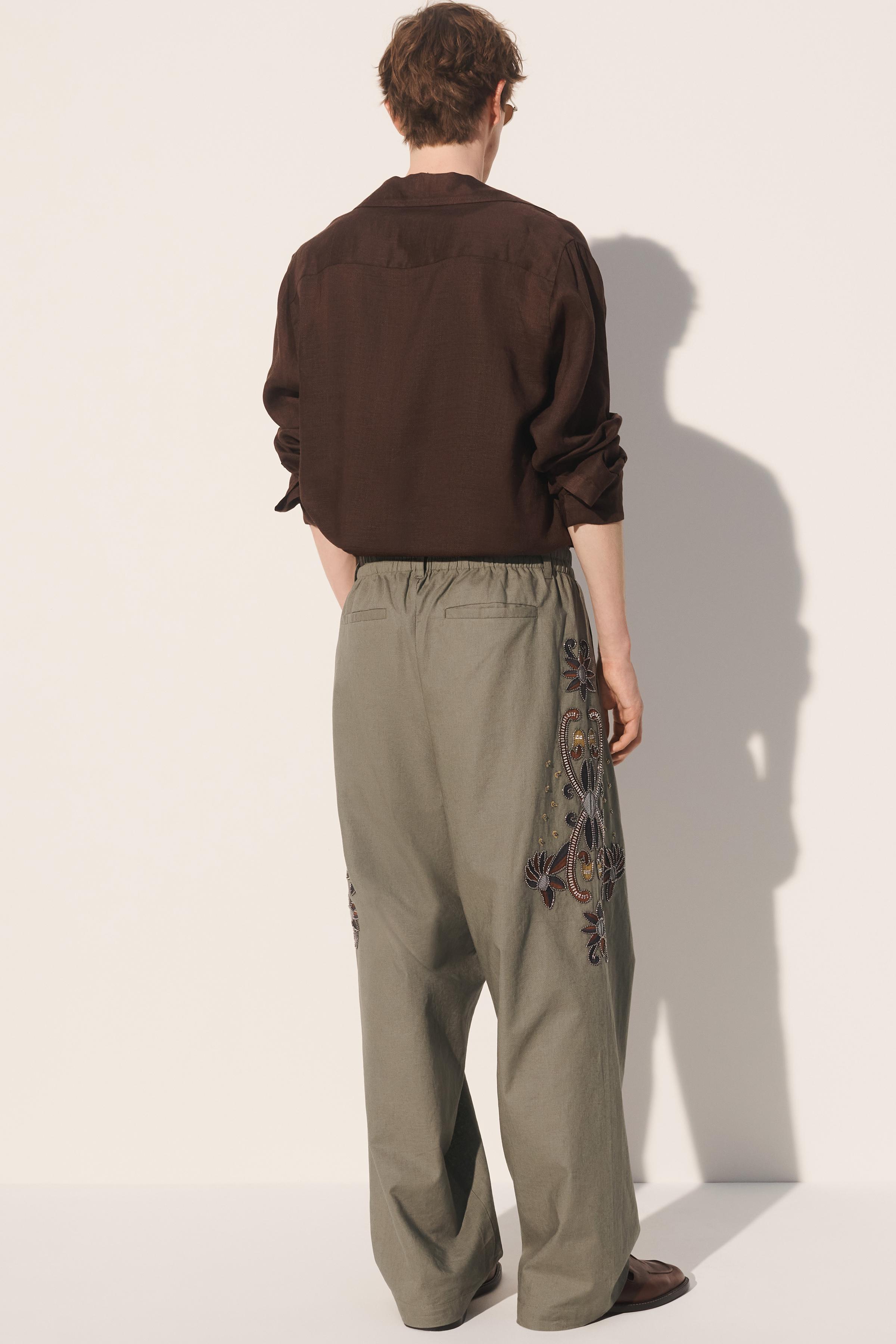 CONTRAST EMBROIDERED LINEN-COTTON PANTS