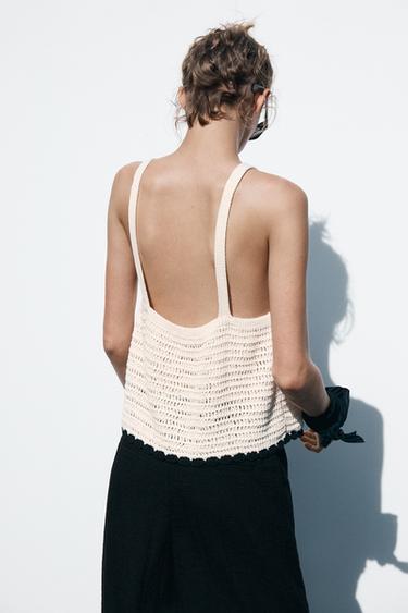CROCHET LACE-UP TOP - Ecru / Black by Zara - Image 3