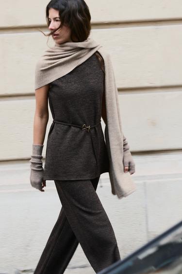 Zara SOFT PIQUÉ MOCK NECK TOP - Brown marl - Image 0