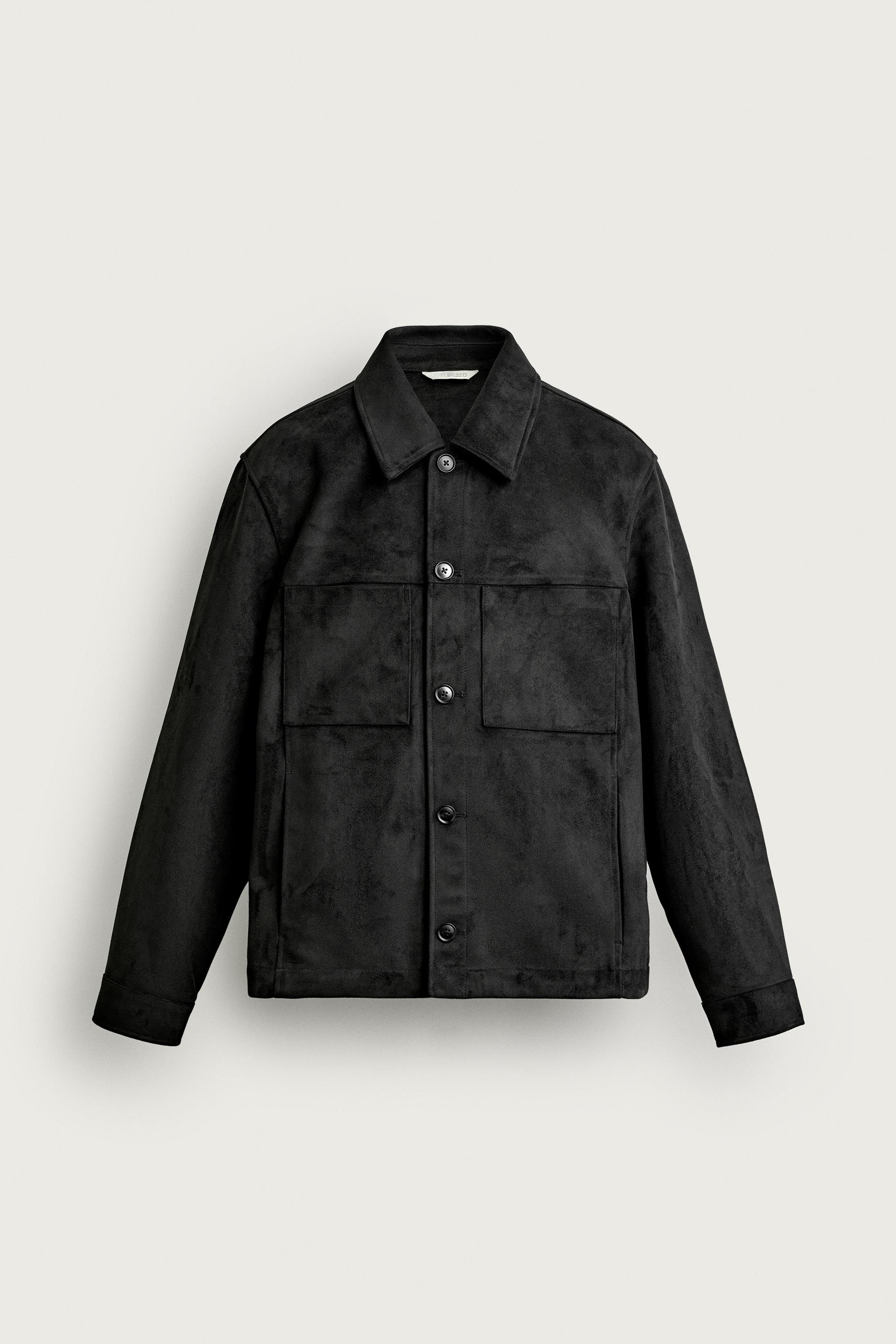 FAUX SUEDE REGULAR FIT OVERSHIRT — Black