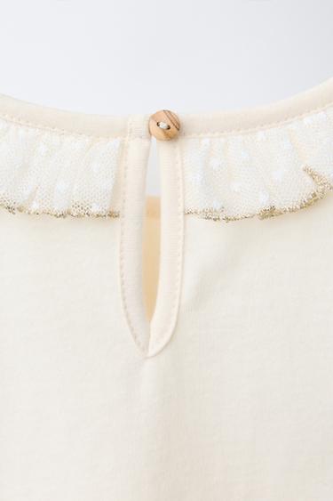 DOTTED MESH COLLAR AND EMBROIDERED T-SHIRT - Ecru by Zara - Image 3