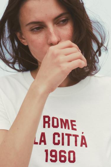 Zara WASHED TEXT T-SHIRT - Mid-ecru
