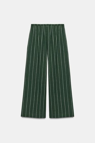 ZW COLLECTION STRIPED LINEN BLEND TROUSERS - Green by Zara - Image 4