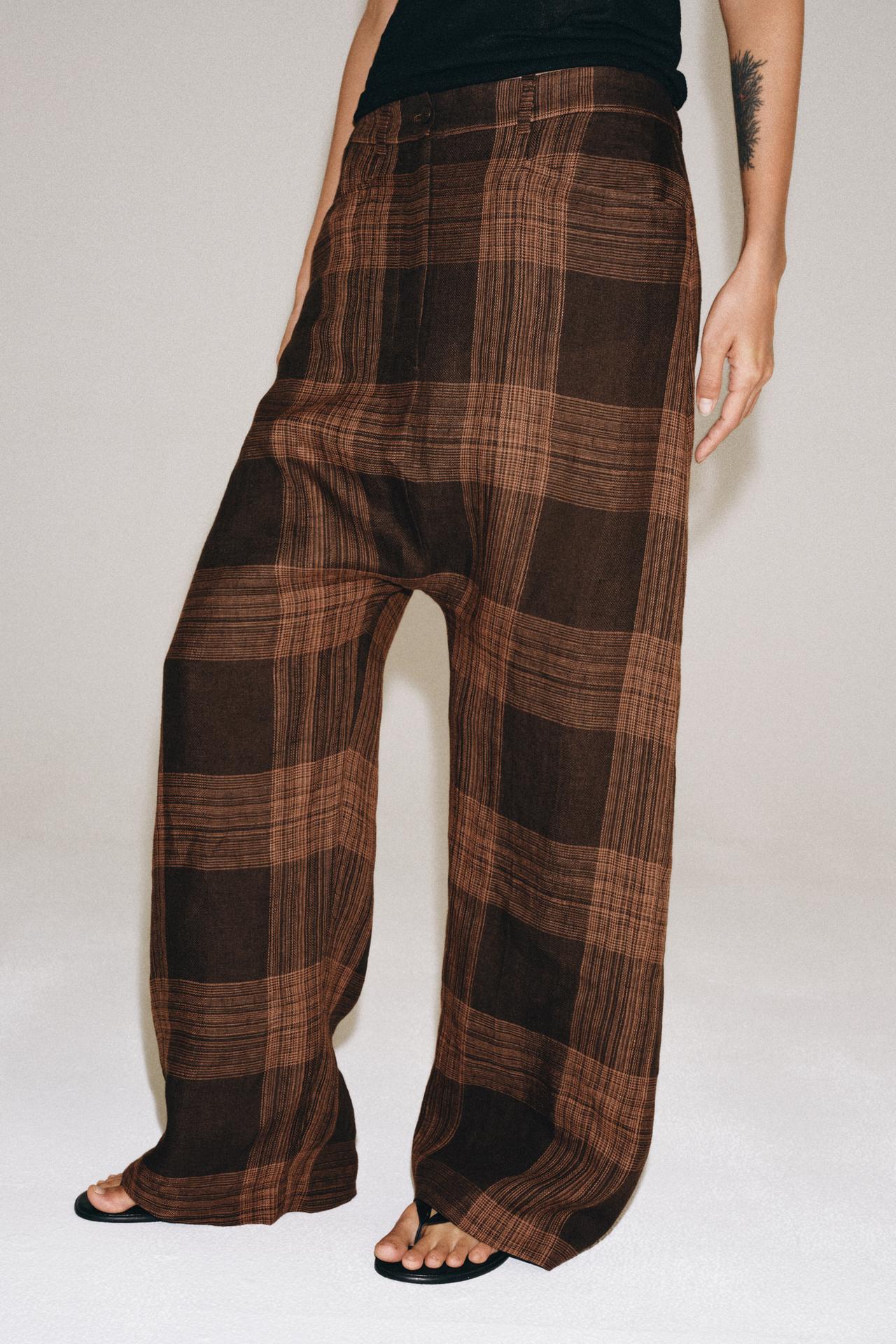 ZW COLLECTION CHECKED LINEN PANTS — Brown