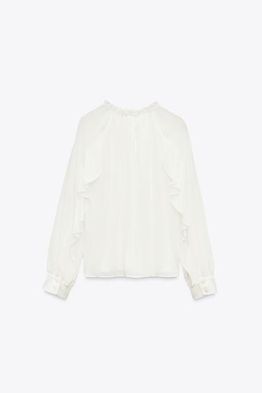 BLOUSE WITH LACE TRIM RUFFLE - Ecru by Zara - Image 3