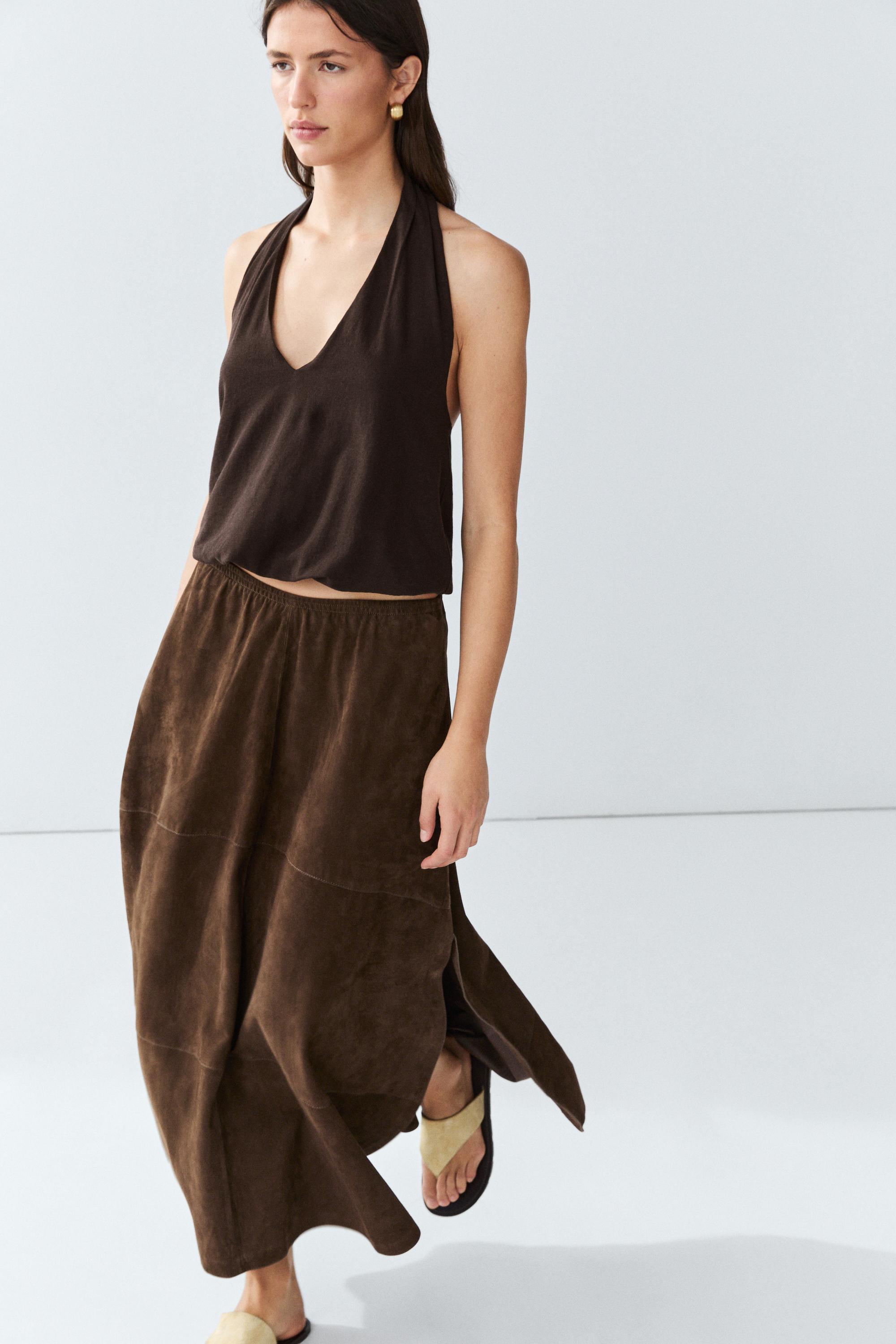 Suede leather midi skirt