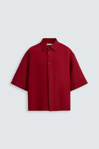 CAMISA COM ESTRUTURA DE ALGODÃO-LINHO - Vermelho-forte da Zara