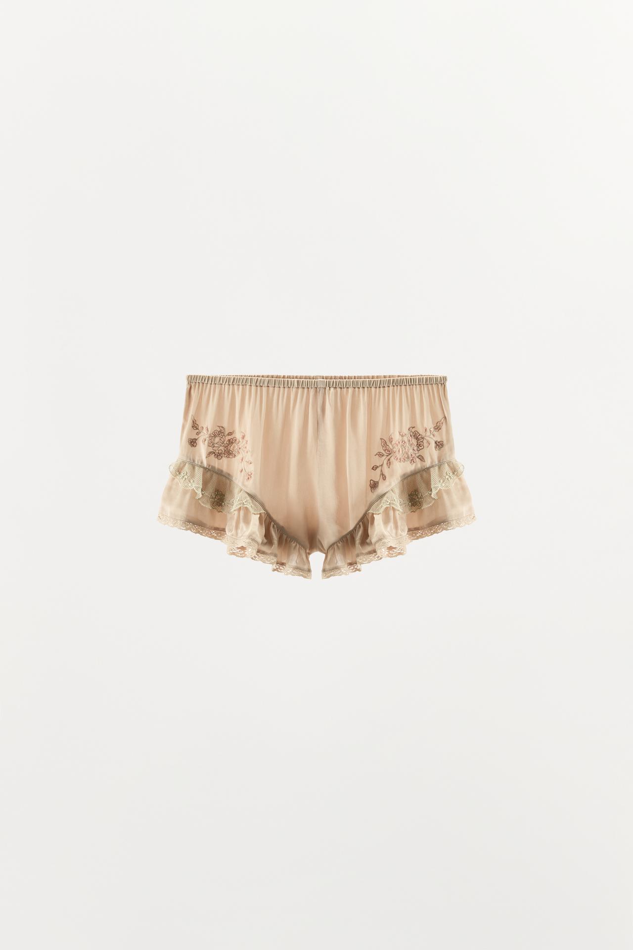 SATIN FINISH BEADED RUFFLE SHORTS — Light pink