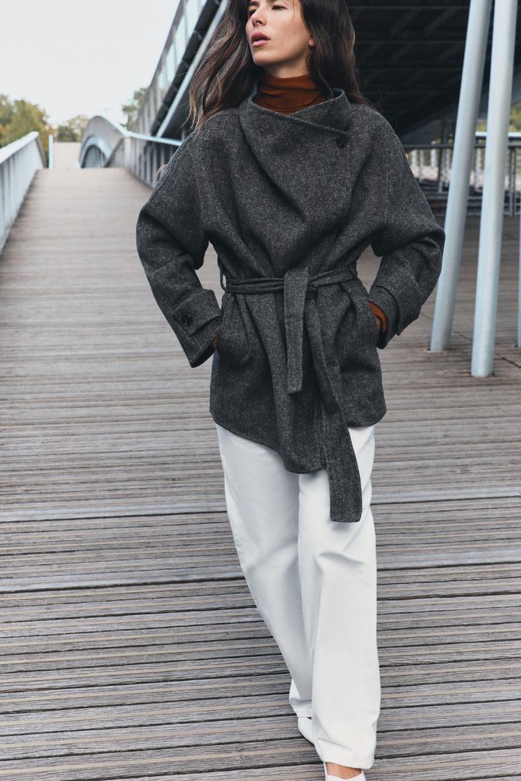 WOOL-BLEND BELTED DOUBLE-BREASTED COAT — Gray