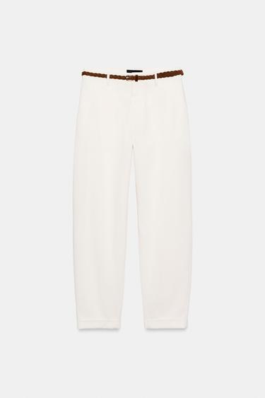 Zara BRAIDED BELT CHINO PANTS - Ecru