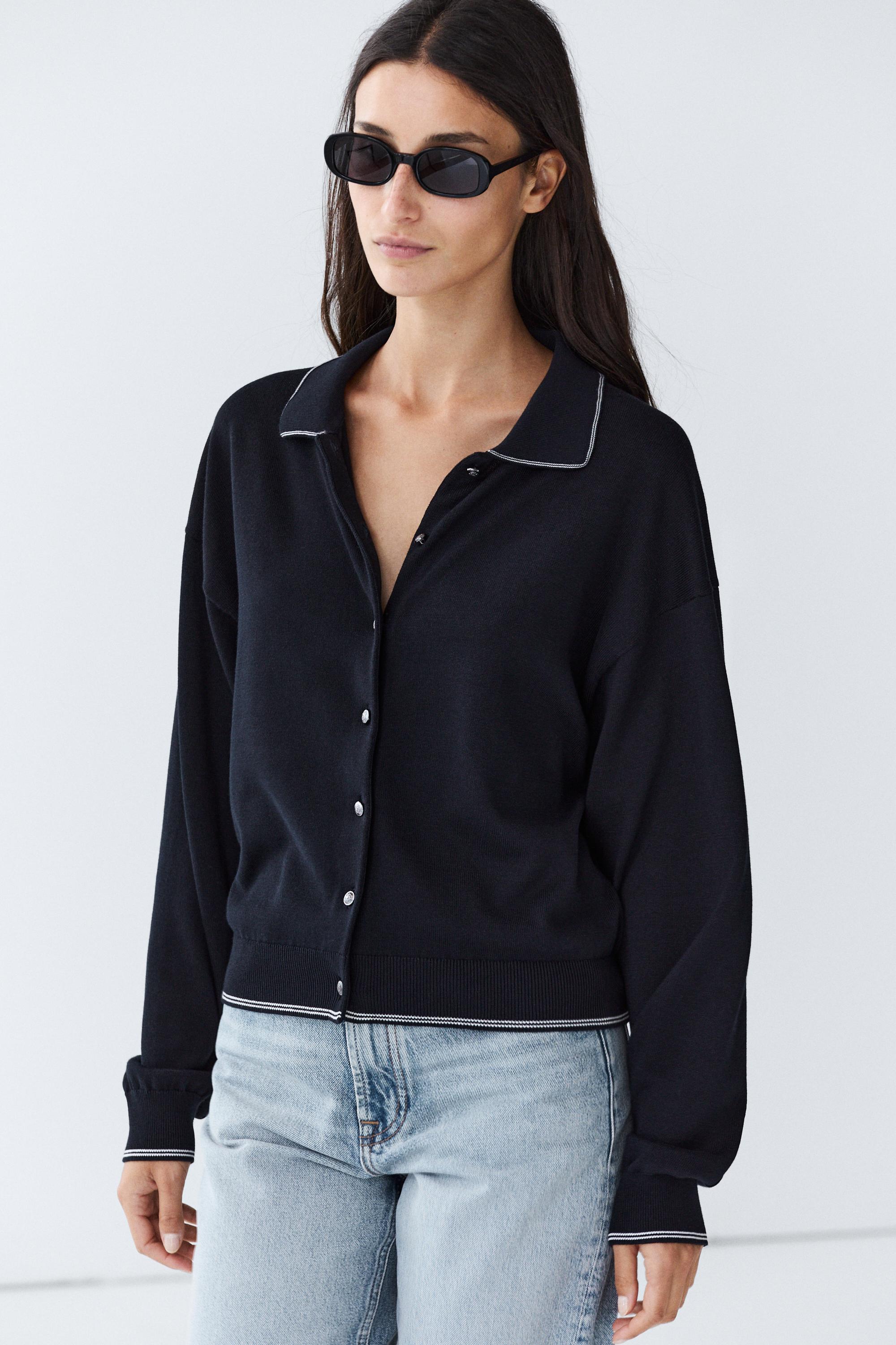 100% cotton contrast polo collar cardigan — Navy blue