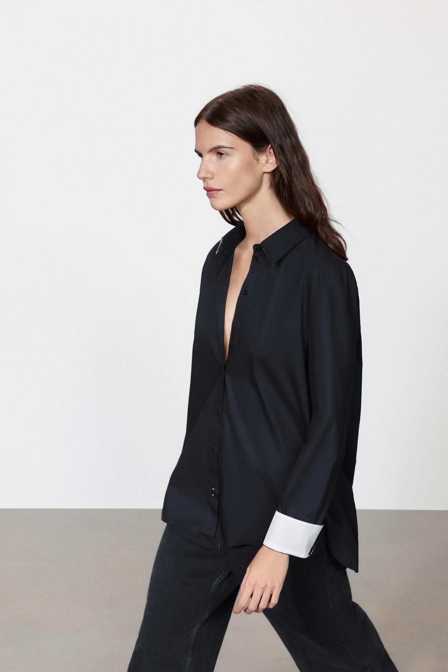 Женская рубашка Zara ZW Collection Contrast, цвет: Чёрный — фото 4