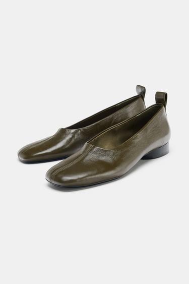 BALLERINES EN CUIR À TALONS BAS - Vert kaki de Zara - Image 3
