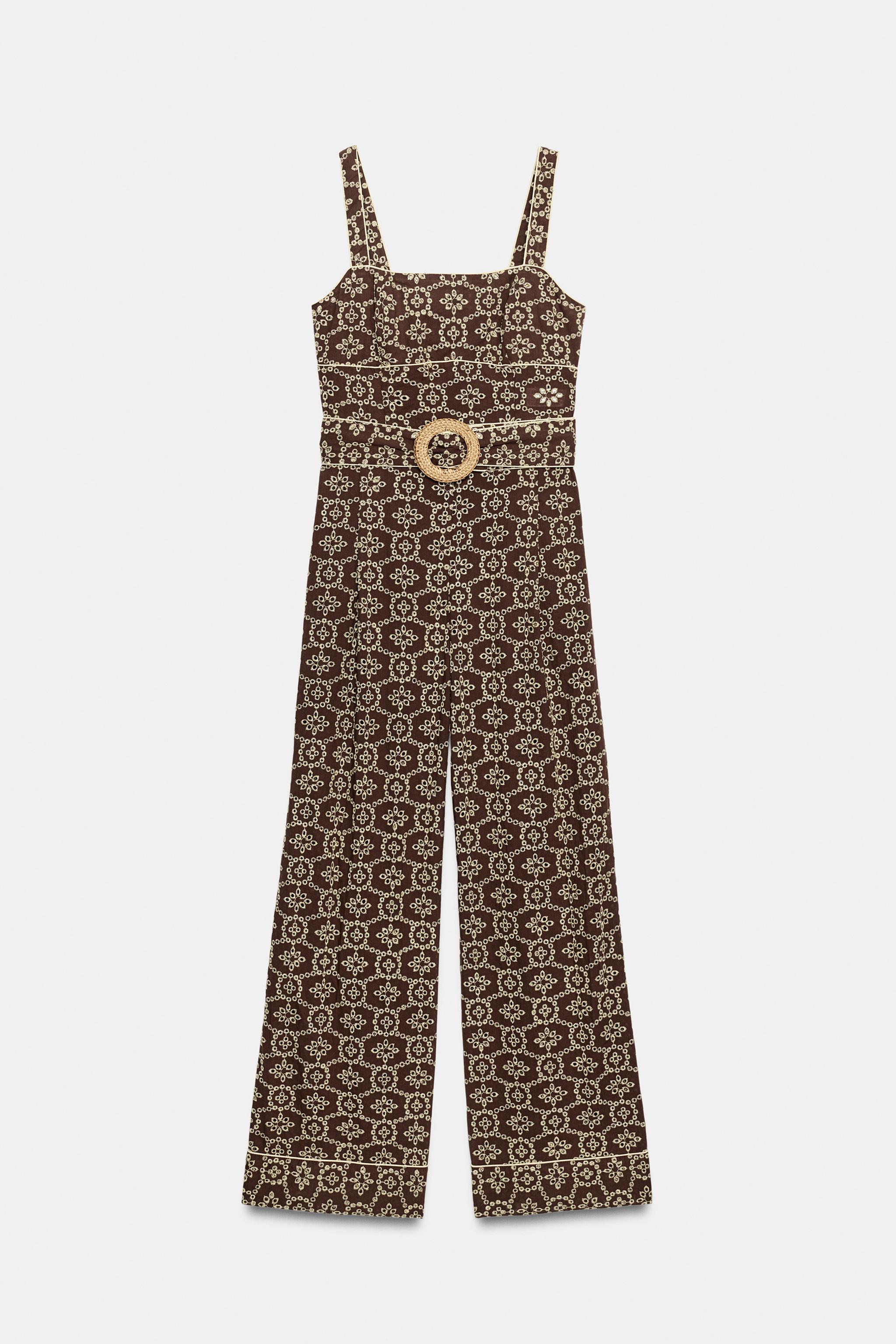 PERFORATED EMBROIDERED BELTED JUMPSUIT