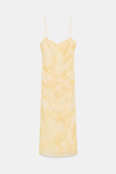 Zara PRINTED MESH MIDI DRESS - yellow