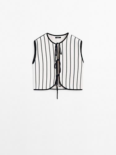 Zara Striped knit vest with ties - Ecru - Image 0