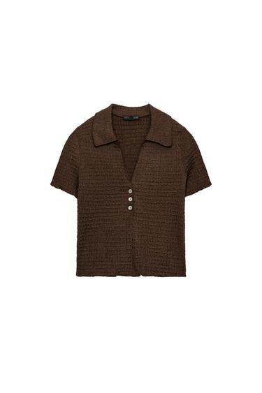 Zara CROPPED TEXTURED JACKET - Dark brown