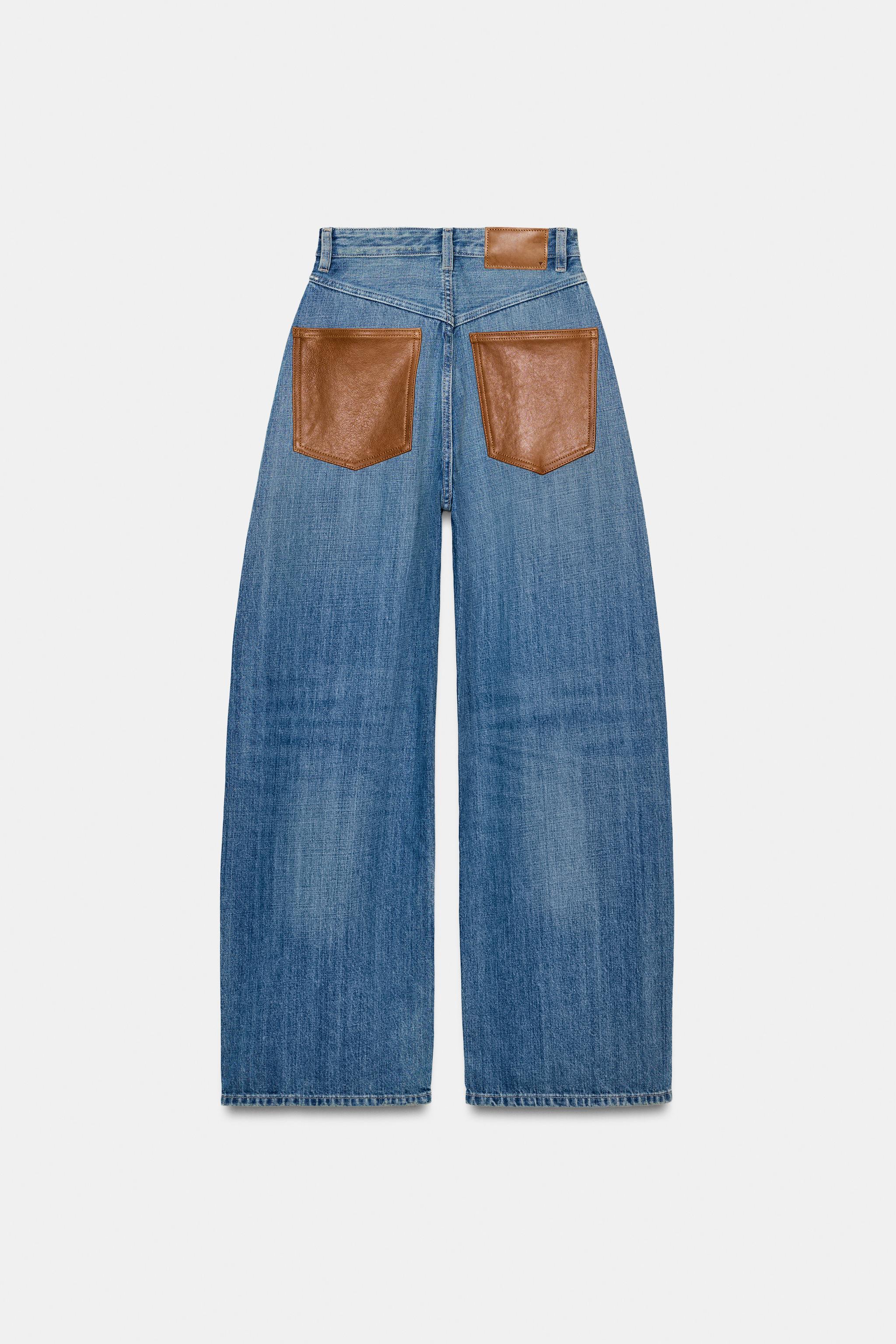 TRF WIDE-LEG HIGH-WAIST LEATHER POCKET JEANS - Blue | ZARA South