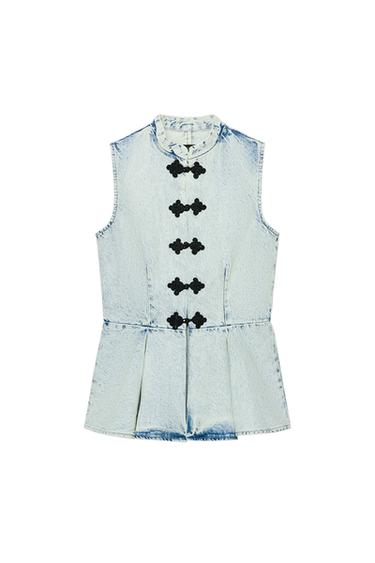 Zara ZW COLLECTION DENIM FROG FASTENING VEST - Light blue