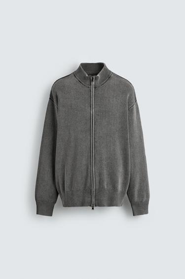 Zara 水洗紋理針織開襟衫 - 灰色