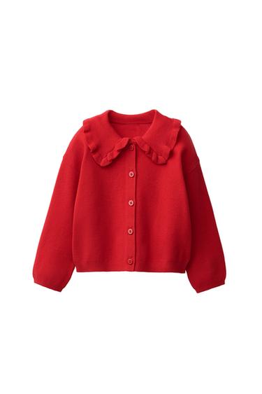 Zara RUFFLED PETER PAN COLLAR CARDIGAN - Red