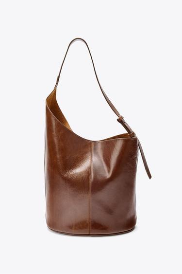 ASYMMETRIC LEATHER BUCKET BAG - Brown by Zara