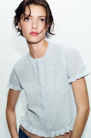 TEXTURED KNIT CARDIGAN WITH RUFFLES - Light blue by Zara - Image 1
