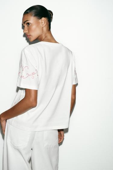 CONTRAST EMBROIDERED T-SHIRT - White by Zara - Image 3