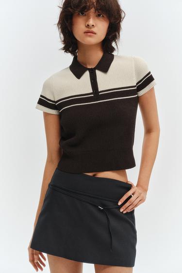 SHORT SLEEVE RIB KNIT POLO SHIRT - Brown / Ecru by Zara