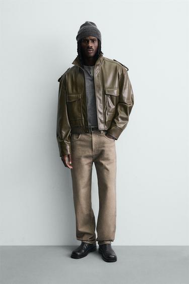 CROPPED FIT FAUX LEATHER JACKET - Olive green by Zara