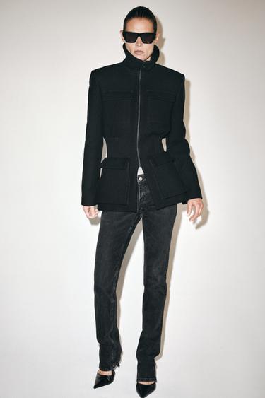 ZW COLLECTION WOOL BLEND SHOULDER PAD JACKET — Black 2