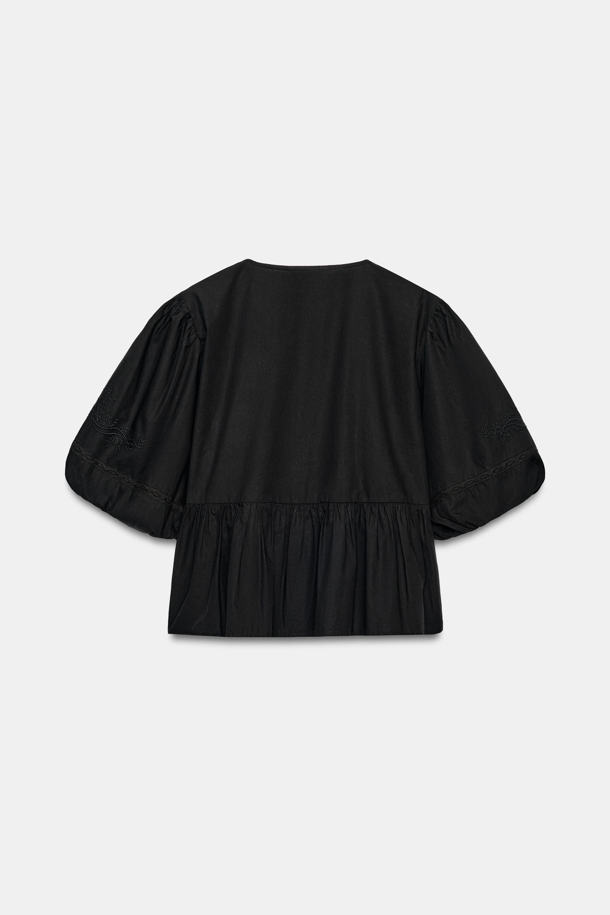 Женские рубашки Zara EMBROIDERED PUFF SLEEVE SHIRT — фото 9