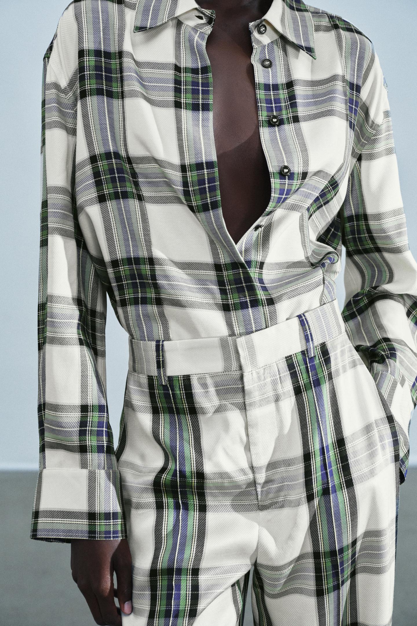 Женская рубашка Zara ZW Collection Oversized Plaid, цвет: Экрю — фото 4