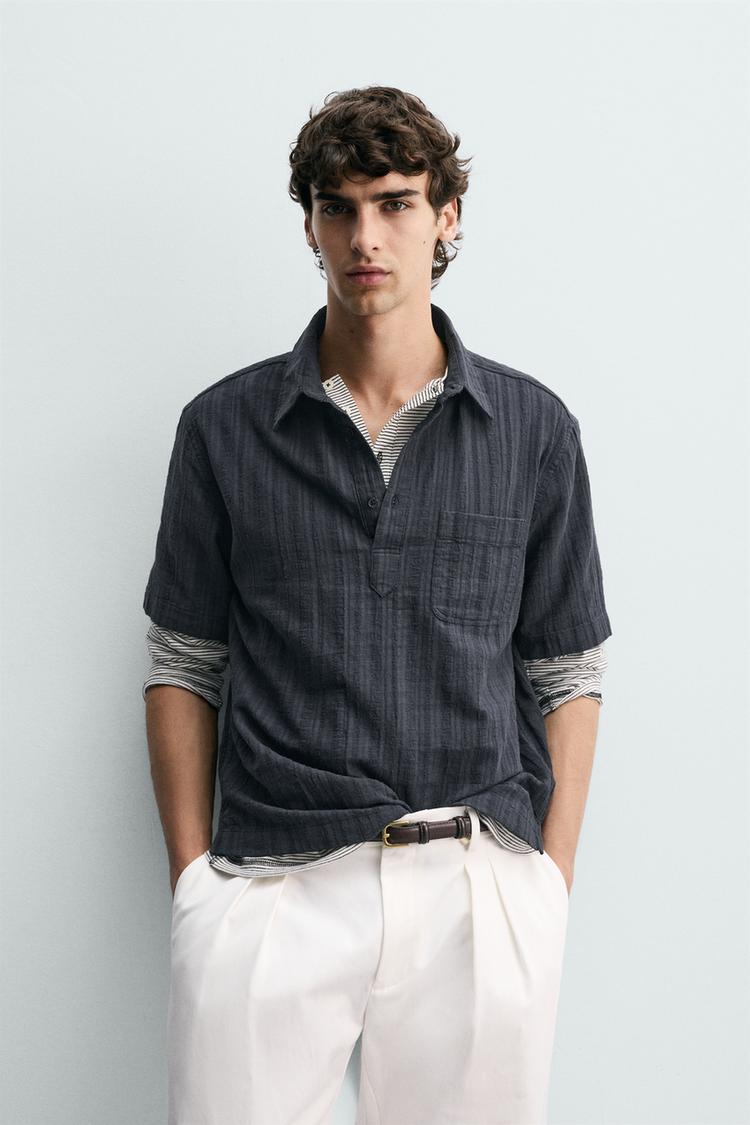ZARA STRIPED TEXTURED POLO SHIRT