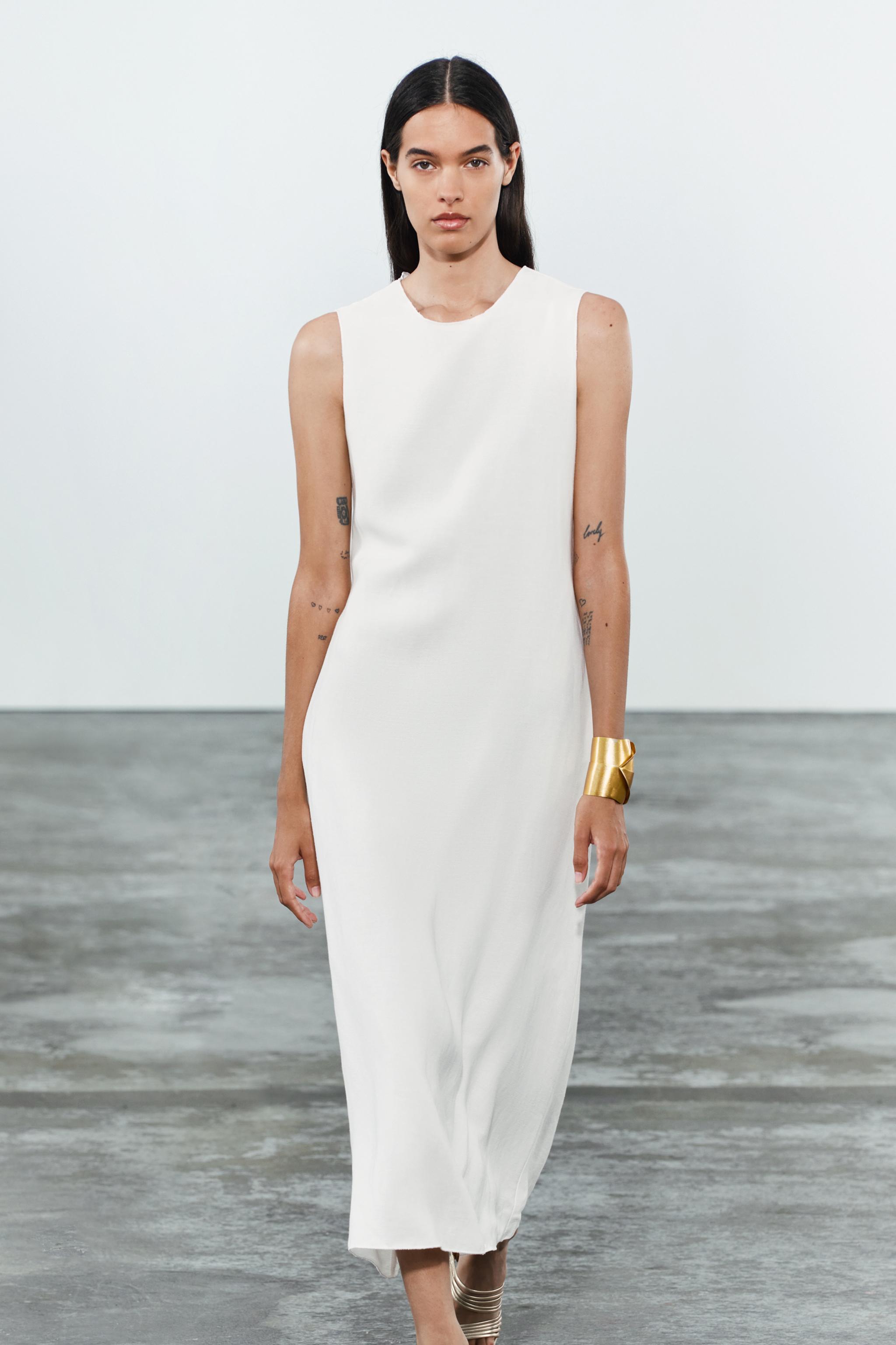 LINEN BLEND MIDI DRESS ZW COLLECTION Oyster white ZARA Canada